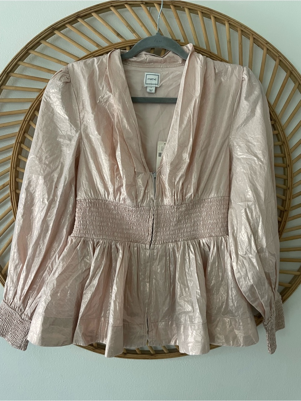 Maeve Metallic Blush Pink Peplum Zip Front Tommy Top size small